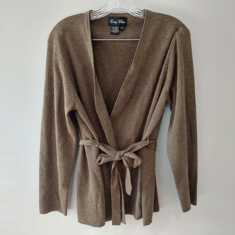 Easy Chic vintage cardigan Medium wool blend army green belted long sleeve